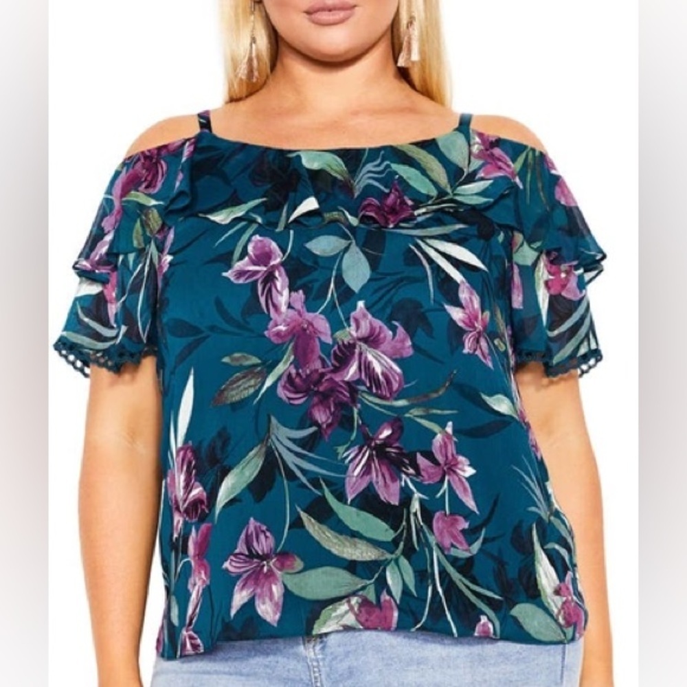 CITY CHIC NWT‎ Patricia PYT Top Teal Bloom Cold Shoulder Size XXS/12